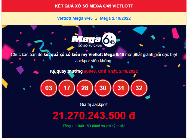 Giải thưởng Vietlott Mega 6/45 hơn 21 tỷ đã tìm được chủ nhân may mắn