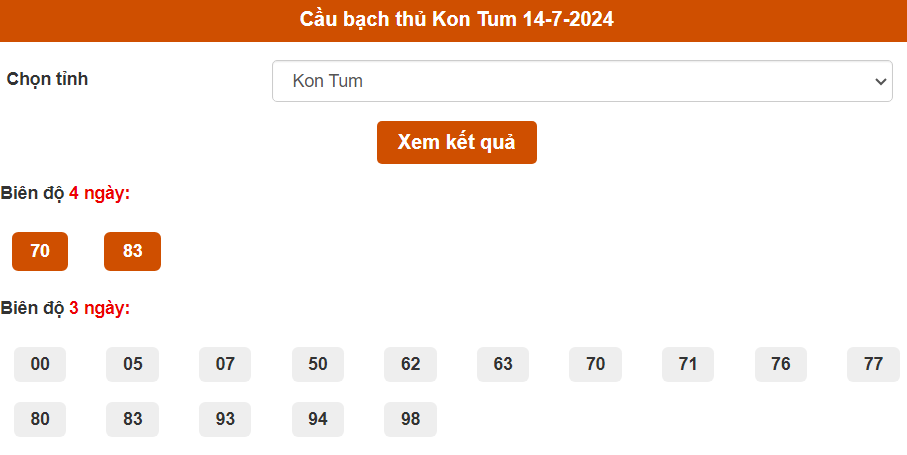 Thống kê cầu bạch thủ Kon Tum ngày 14/7/2024