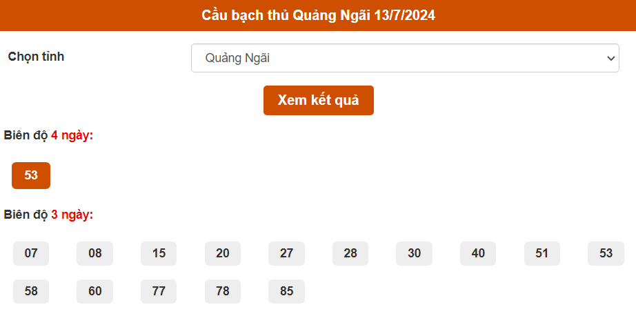 Thống kê cầu Bạch thủ Quảng Ngãi ngày 13/7/2024